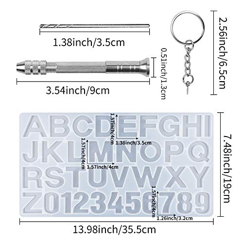 Moldes de fundición de resina, moldes de resina de silicona de números y letras Moldes de joyería del alfabeto con taladro giratorio manual y llavero de plata de 10 piezas para hacer manualidades DIY