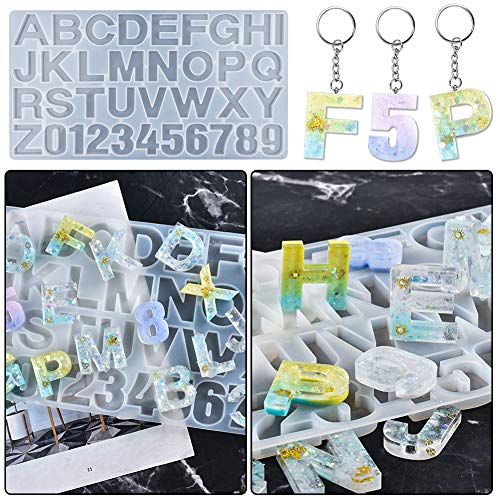 Moldes de fundición de resina, moldes de resina de silicona de números y letras Moldes de joyería del alfabeto con taladro giratorio manual y llavero de plata de 10 piezas para hacer manualidades DIY