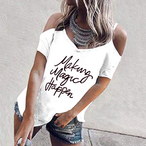 MOMOXI Tops para Mujer, Moda para Mujer Talla Grande Estampado Floral Frío Hombro Blusa Casual Camis Camiseta de Manga Corta de Verano para Mujer de Cuello Alto y Blusa con Cuello Alto Color Sólido