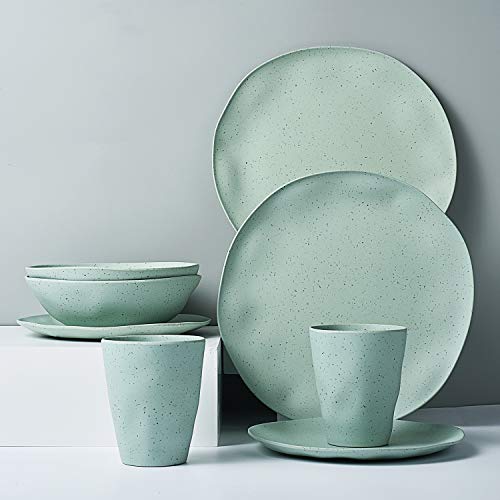 MORGIANA 8 piezas Vajilla de bambú, platos de bambú conjunto Platos para la cena Tazones Tazas para fiesta/boda/camping/picnic (Verde)