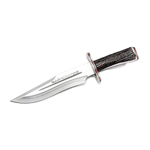 Muela Cuchillo MAGNUM-23.TO Cuchillo MAGNUM-23 hoja de acero MoVa de 23 cm y empuñadura de asta de ciervo para Caza, Supervivencia y Bushcraft Realizado en Ciudad Real + Portabotellas de regalo