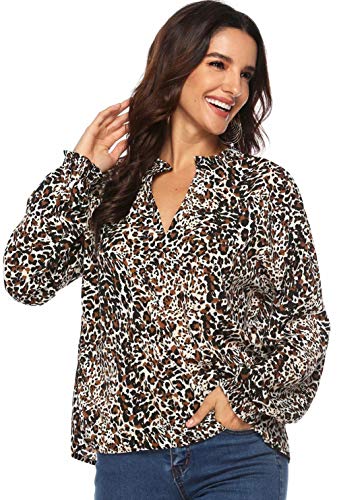 Mujeres Camisa Elegante Blusa Mangas Largas Camiseta Polsillo Escote V (Leopardo, M/EU 38-40)