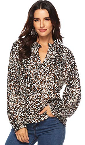 Mujeres Camisa Elegante Blusa Mangas Largas Camiseta Polsillo Escote V (Leopardo, M/EU 38-40)