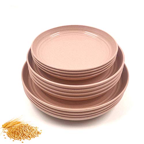 N//A Juego de 12 platos de paja de trigo, irrompibles, ligeros platos de cena, aptos para microondas, perfecto para ensalada, pasta, bistec y frutas (17,3 cm, 7,8 cm, 22,4 cm) (rosa)