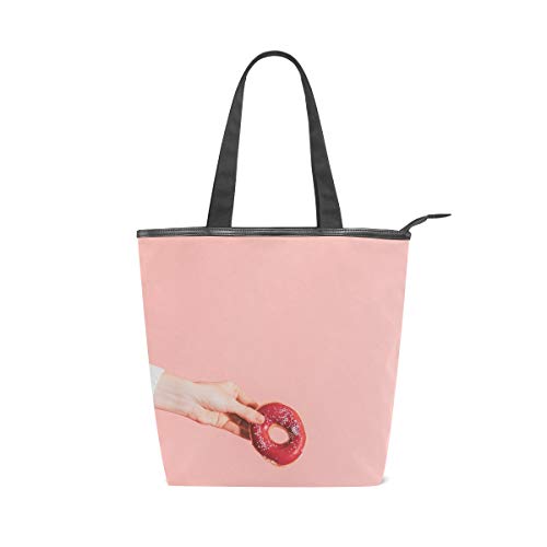 NaiiaN Bolsos de hombro con correa de peso ligero Bolso Bolso de compras Bolsos para mujeres Niñas Damas Graduación de estudiantes Rosado Sosteniendo Donuts Dulce