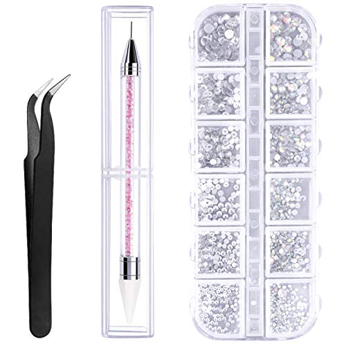 NATUCE Diamantes de Uñas, 6 Tamaños Piedras de Strass Planas, Cristal de Diamantes con Pinzas Curvas y Bolígrafo de Puntos, Pedrería para Uñas, Decoración de Uñas Piedras