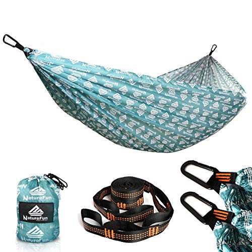 NATUREFUN Hamaca Ultraligera para Camping | 300 kg de Capacidad de Carga(275 x 140 cm) | Transpirable y de Secado rápido Hamaca | 2 Mosquetones Premium, 2 Eslingas Incluidas | Al Aire Libre Interior