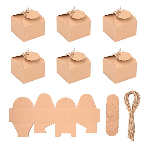 NBEADS 1Set Cajas de Regalo Cajas de Regalo de Papel Kraft con Cuerda de Cáñamo Y Etiquetas para Decoración de Bodas, Empaques de Dulces Y Artículos para Fiestas de Cumpleaños, 6.5X6.5X4Cm