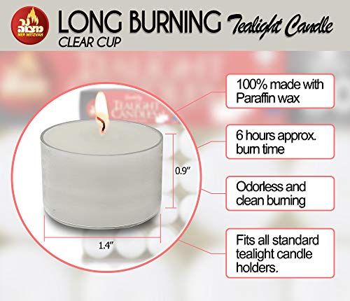 Ner Mitzvah Velas de candelita ardientes largas 6 Horas - Blanco en Copas Transparentes - Sin Perfume - Paquete de 80 - Hecho en la UE