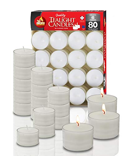 Ner Mitzvah Velas de candelita ardientes largas 6 Horas - Blanco en Copas Transparentes - Sin Perfume - Paquete de 80 - Hecho en la UE