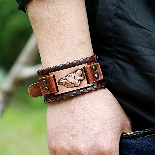 NICEWL Viking Fenrir Lobo Cabeza Pulsera de Cuero,Hecho A Mano Trenzado Mitología Nórdica Hombres Pulsera Ancha,Vintage Tótem de Edad Media Pagan Talismán Talismán,Bronce