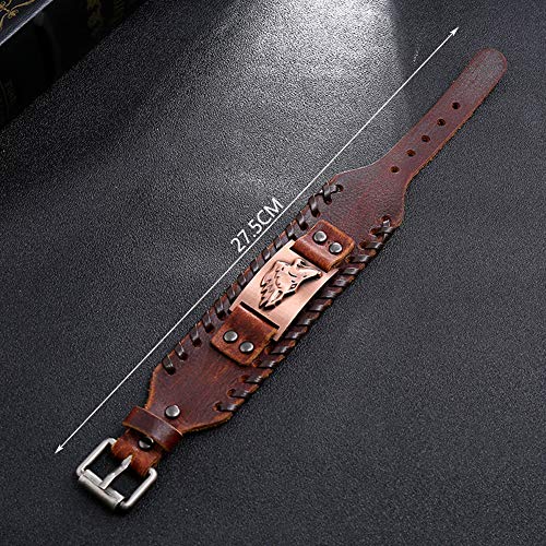 NICEWL Viking Fenrir Lobo Cabeza Pulsera de Cuero,Hecho A Mano Trenzado Mitología Nórdica Hombres Pulsera Ancha,Vintage Tótem de Edad Media Pagan Talismán Talismán,Bronce