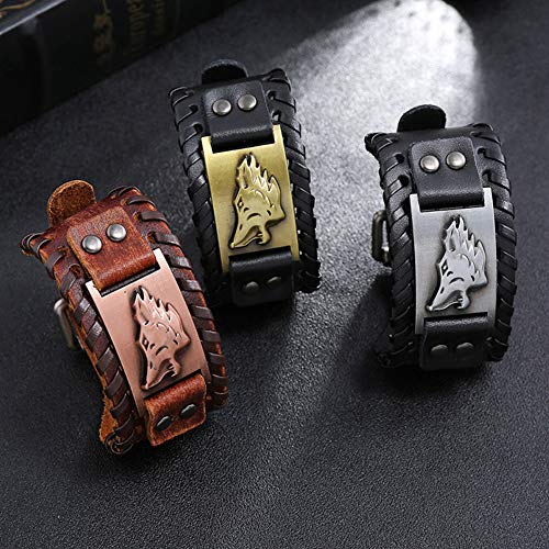 NICEWL Viking Fenrir Lobo Cabeza Pulsera de Cuero,Hecho A Mano Trenzado Mitología Nórdica Hombres Pulsera Ancha,Vintage Tótem de Edad Media Pagan Talismán Talismán,Bronce