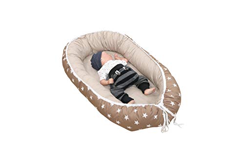 Nido para bebé de ULLENBOOM ® beige oso (nido de 55 x 95 cm de algodón; apto como cuna de viaje y para el colecho; dibujo: estrellas)