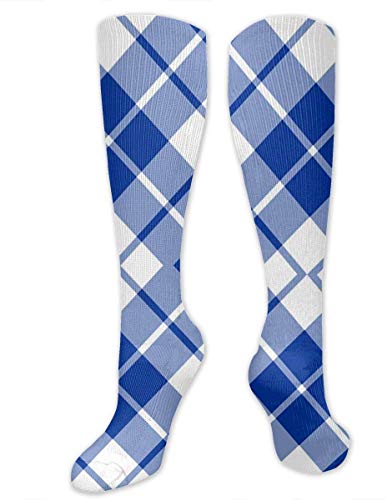 Nifdhkw Blue And White Diagonal Tartan Compression Socks Training Socks Crew Athletic Socks Long Sport Soccer Socks Soft Knee High Sock Christmas Socks for Men Women