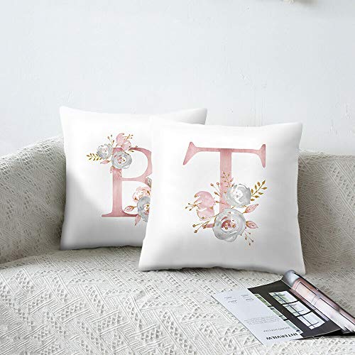 Noblik Carta de 18 Pulgadas Funda de Almohada de ImpresióN Floral Rosa Funda de CojíN de Tiro Funda de Almohada Sofá DecoracióN para el Hogar Letra J