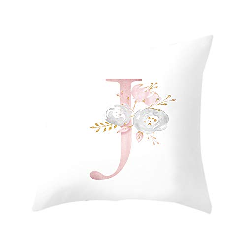 Noblik Carta de 18 Pulgadas Funda de Almohada de ImpresióN Floral Rosa Funda de CojíN de Tiro Funda de Almohada Sofá DecoracióN para el Hogar Letra J
