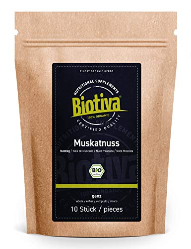 Nuez moscada orgánica 10 - 12 piezas, 70 g - nuez moscada entera I calidad orgánica superior (DE-ÖKO-005) I elegido a mano, empacado y verificado en Alemania (DE-ÖKO-005)