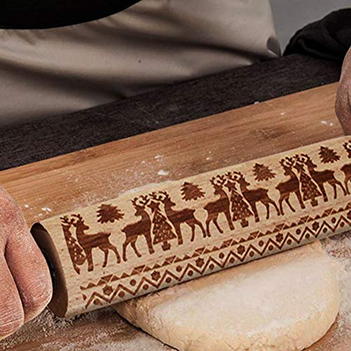 nuluxi Navidad Grabado Rodillos de Amasar en Madera Rodillos para Decoración de Pasteles en Relieve Rodillo de Madera de 3D Patrón de Navidad para Galletas Pastel Repostería y Fondant (Alce)