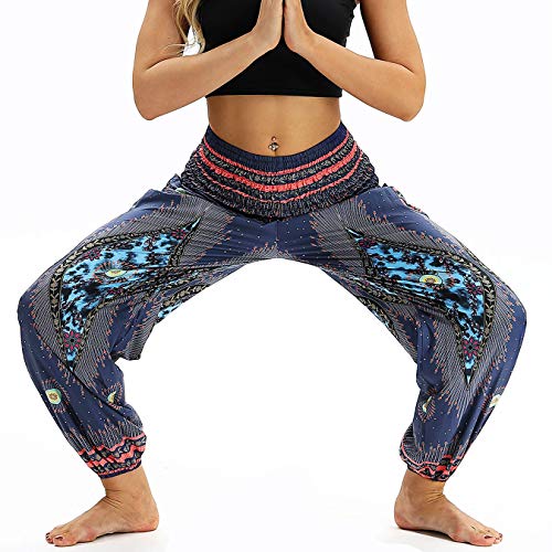 Nuofengkudu Mujer Pantalones Harem Tailandes Hippies Vintage Boho Flores Verano Alta Cintura Elastica Casual Danza Yoga Pants Bombachos Azul Pavo