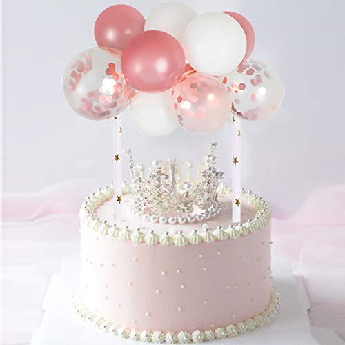 O-Kinee Cupcake Toppers Cumpleaños niña Globo Pastel Globos de Látex Primeros de la Magdalena Set,para Cumpleaños Aniversario de Boda Ducha de Bebé Decoración (Rosa y Blanco)