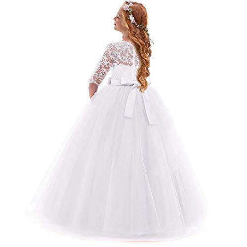 OBEEII Vestidos De Princesa Fiesta de la Boda de Las Niñas para Bordado Graduación Comunión Cumpleaños Paseo Baile Cóctel Vestido de Novia Blanco 9-10 Años