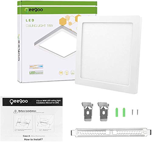 Oeegoo 24W LED Plafón de Superficie Cuadrado, Lámparas de Techo 2040Lm, Reemplaza Bombilla Incandescente 180W, 29 * 29 * 1.3cm Ultrafino, RA> 80 para Dormitorio Cocina Blanco Natural 4000-4500K