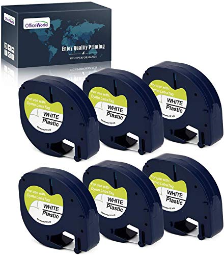 OfficeWorld 6 x Compatible DYMO LetraTag 91201 S0721610 Cintas de Negro sobre blanco Plastico Cinta de etiquetas, Compatible para DYMO LetraTag LT-100H, LT-100T, LT-110T, QX 50, XR, XM Label Makers