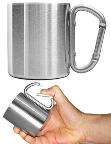 Outdoor Saxx® – Taza de camping de exterior, vaso de metal, con mango de mosquetón atornillado, acero inoxidable, senderismo, trabajo, 250 ml, plateado