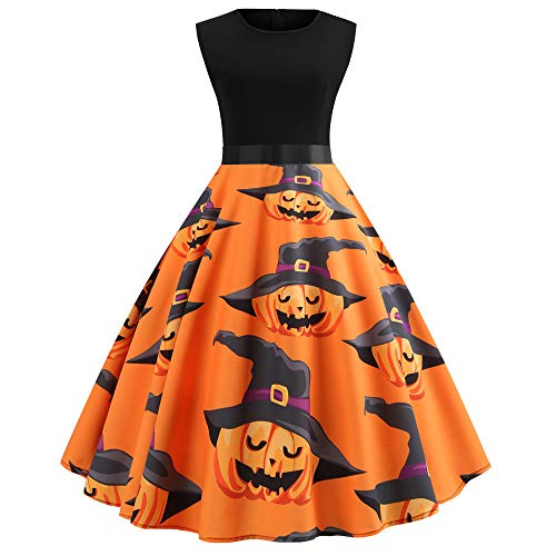 Overdose Vestidos De Halloween Sin Mangas Cuello Redondo Estampado De Calabaza Fiesta De Noche Vestido De Fiesta Vestido De Columpio Elegante Vestidos