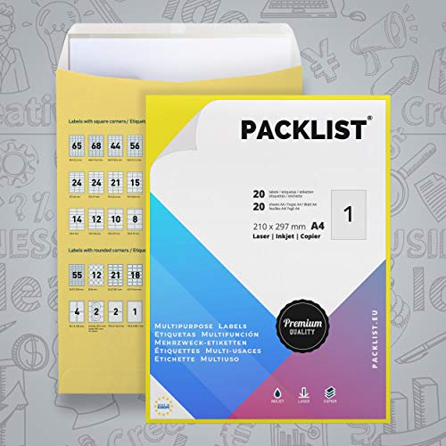 PACKLIST 20 Etiquetas Adhesivas A4 - Etiquetas impresora 210 x 297 mm. 20 Hojas Papel Pegatina para Imprimir A4-1 Etiqueta por Hoja - Papel Adhesivo para Imprimir - Papel de Pegatina para Imprimir