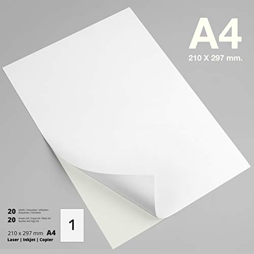 PACKLIST 20 Etiquetas Adhesivas A4 - Etiquetas impresora 210 x 297 mm. 20 Hojas Papel Pegatina para Imprimir A4-1 Etiqueta por Hoja - Papel Adhesivo para Imprimir - Papel de Pegatina para Imprimir