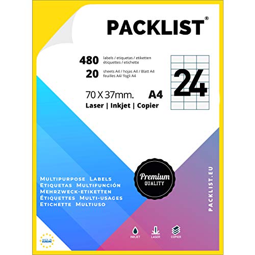 PACKLIST 480 Etiquetas Adhesivas A4 Blancas 70 x 37 mm. 20 Hojas Papel Pegatina para Imprimir A4, 24 Etiquetas por Hoja - Papel Adhesivo para Imprimir - Papel de Pegatina para Imprimir Premium