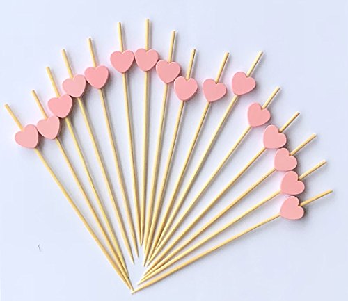 Palitos De COctel 100 Cuentas Palillos De Madera Fuentes De Fiesta Con Volantes Dedo Alimentos Frutas SAndwich SAndwich - Corazones Rosa