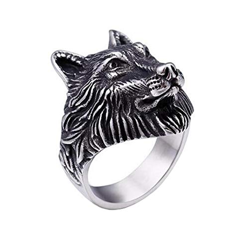 PAMTIER Anillo Cabeza de Lobo para Hombre Acero Inoxidable Plateado Talla 22