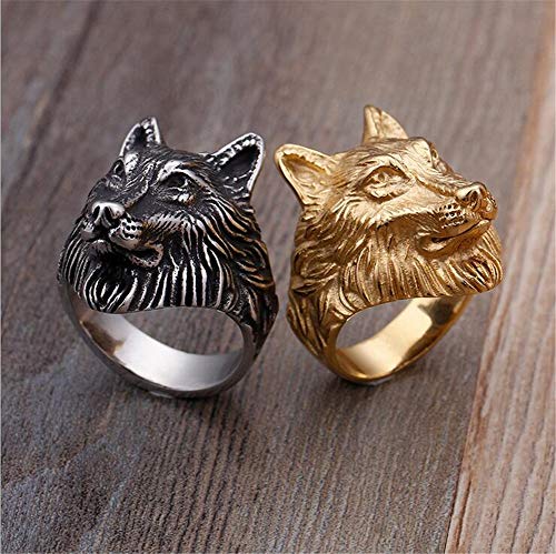 PAMTIER Anillo Cabeza de Lobo para Hombre Acero Inoxidable Plateado Talla 22