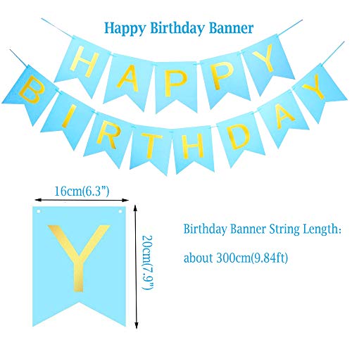 Pancarta decorativa de cumpleaños con cortinas doradas, pompones de pañuelo, guirnalda de papel de látex, globos de látex para fiestas para niños o adultos talla única Serie Azul