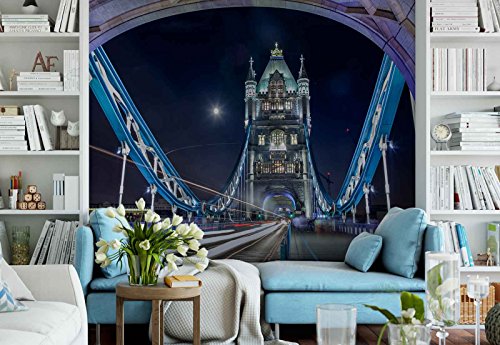 Papel Tapiz Fotomural - Puente Pared De Piedra Torre Noche Luces - Tema Ciudades - XL - 368cm x 254cm (an. x alto) - 4 Tiras - impreso en papel 130g/m2 EasyInstall - 1X-1265005V8
