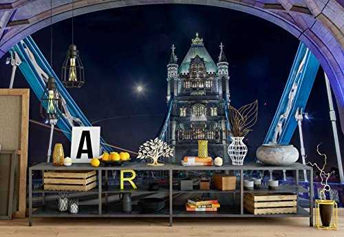 Papel Tapiz Fotomural - Puente Pared De Piedra Torre Noche Luces - Tema Ciudades - XL - 368cm x 254cm (an. x alto) - 4 Tiras - impreso en papel 130g/m2 EasyInstall - 1X-1265005V8