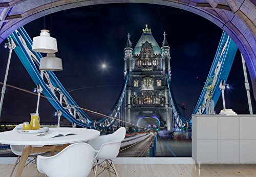 Papel Tapiz Fotomural - Puente Pared De Piedra Torre Noche Luces - Tema Ciudades - XL - 368cm x 254cm (an. x alto) - 4 Tiras - impreso en papel 130g/m2 EasyInstall - 1X-1265005V8