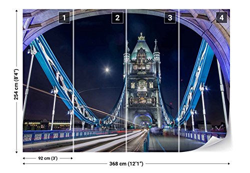 Papel Tapiz Fotomural - Puente Pared De Piedra Torre Noche Luces - Tema Ciudades - XL - 368cm x 254cm (an. x alto) - 4 Tiras - impreso en papel 130g/m2 EasyInstall - 1X-1265005V8