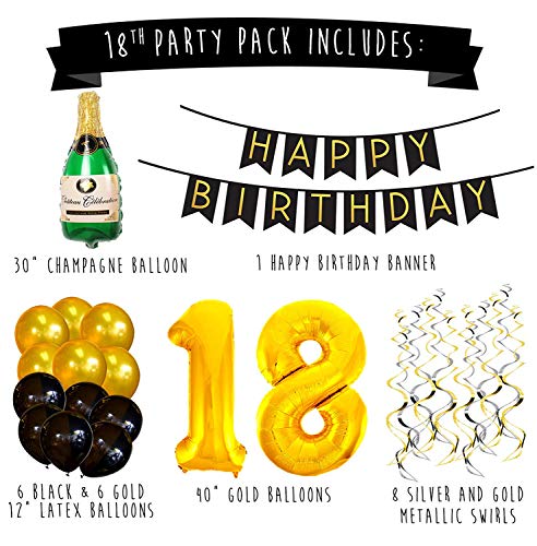Paquete para Fiesta de Cumpleaños Número 18 – Paquete con Banderín de Feliz Cumpleaños Negro y Dorado, Pompones y Serpentinas - Decoración para Cumpleaños – Artículos para la Fiesta del 18 Cumpleaños