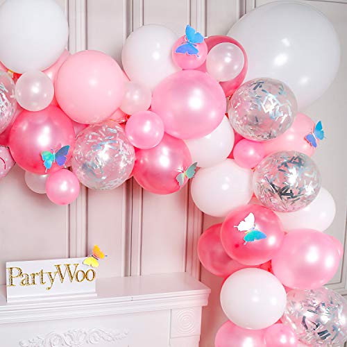 PartyWoo Globos Rosa, 100 Piezas Globos Rosa, Globos Rosa Pastel, Globos Confeti Plateados, Globos Blancos, Globo de Aluminio con Pajarita y Mariposas Láser para Niña Baby Shower, Cumpleaños de Niña
