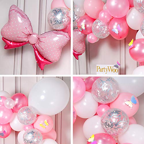 PartyWoo Globos Rosa, 100 Piezas Globos Rosa, Globos Rosa Pastel, Globos Confeti Plateados, Globos Blancos, Globo de Aluminio con Pajarita y Mariposas Láser para Niña Baby Shower, Cumpleaños de Niña