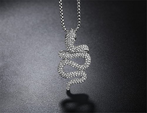 PAURO Hombres Acero Inoxidable Blanco Diamante Cz Serpiente Animal Colgante, Collar del Encanto con Cadena 24"