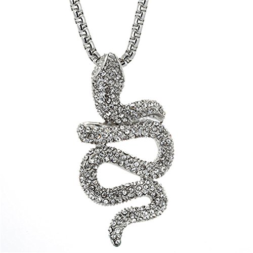 PAURO Hombres Acero Inoxidable Blanco Diamante Cz Serpiente Animal Colgante, Collar del Encanto con Cadena 24"