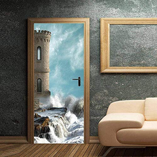 Pegatinas De Puerta 3D Murales Calcomanías Torre Medieval Costa Piedra Papel Pintado Diy Decoración Del Hogar Cartel Etiqueta De La Pared 77 * 200 cm