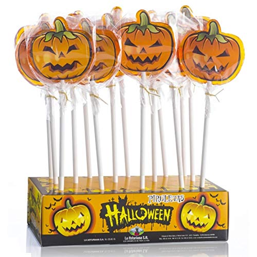 Piruletas Halloween La Asturiana - Piruletas artesanas con forma de calabaza y sabor naranja, sin gluten, cajas de 20 unidades (900 gramos)