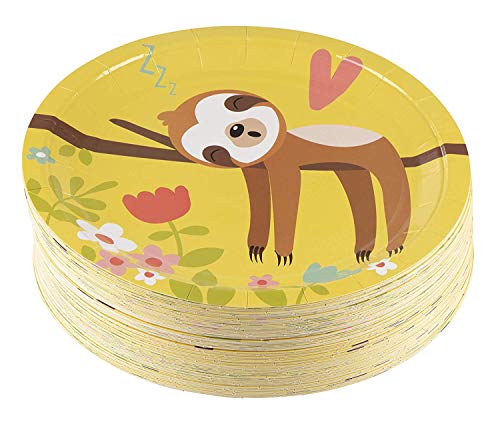 Platos desechables – 80 unidades de platos, suministros de fiesta de animales para aperitivos, almuerzos, cenas y postres, bonito diseño de perezoso, 9 x 9 pulgadas