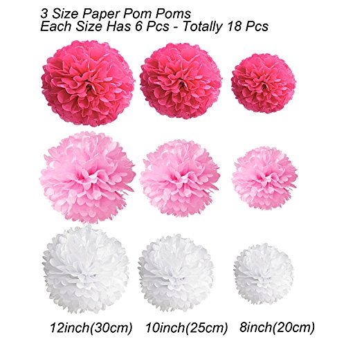 Pompon de papel de seda, bolas de papel en forma de flor para fiestas de cumpleanos, bodas, baby shower, shower de novia o decoracion de festivales, 18 unidades , Rosa, rosa y blanco